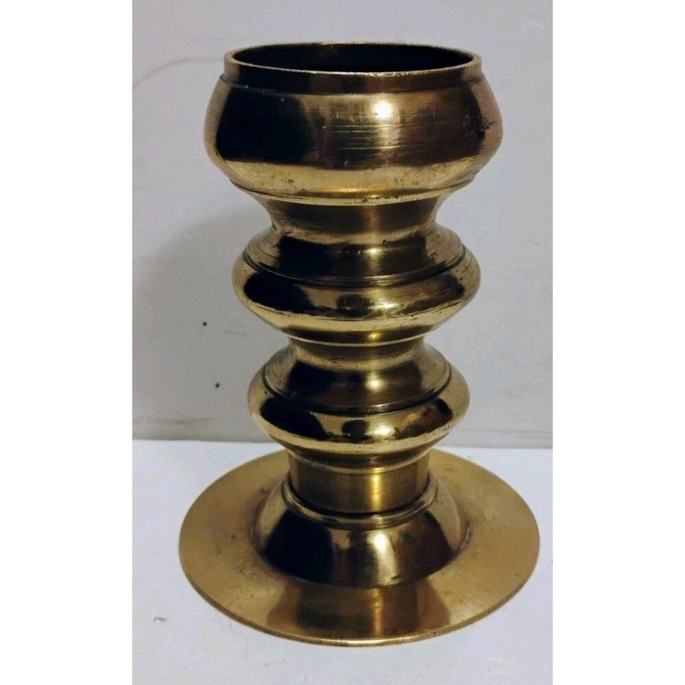 Vtg Heavy Solid Brass Ribbed Column Candlestick Holder Low Profile Flare Base 5"